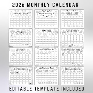 Puede incluir: Una plantilla de calendario mensual 2026 en blanco y negro con ilustraciones decorativas para cada mes. El calendario incluye el texto "2026 MONTHLY CALENDAR" y "EDITABLE TEMPLATE INCLUDED". Cada mes tiene un tema único, como flores, sol y dibujos temáticos de vacaciones.