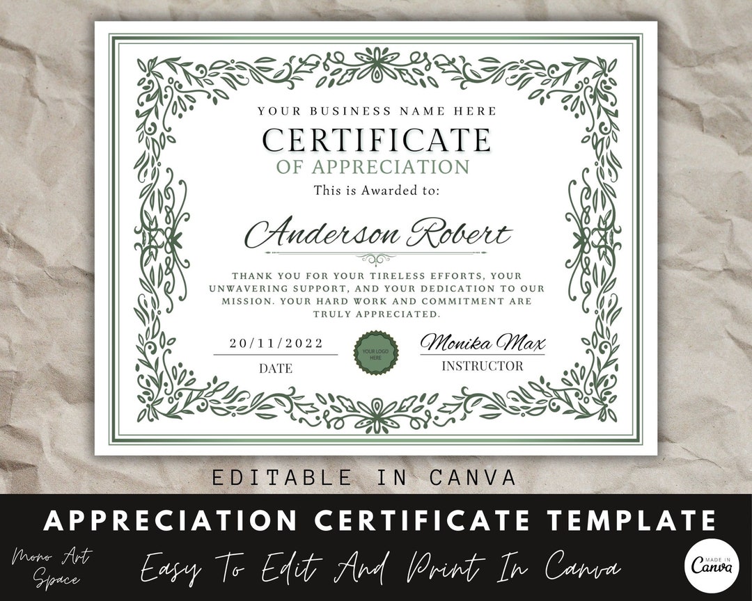 Editable Certificate OF Appreciation Appreciation Award - Etsy Australia