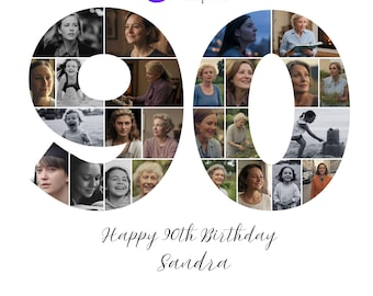 May include: A white birthday card featuring a collage of photos shaped as the numbers 90. The text says "Happy 90th Birthday Sandra" and "April 17th 2026". The Canva and Mono Art Space logos are present.