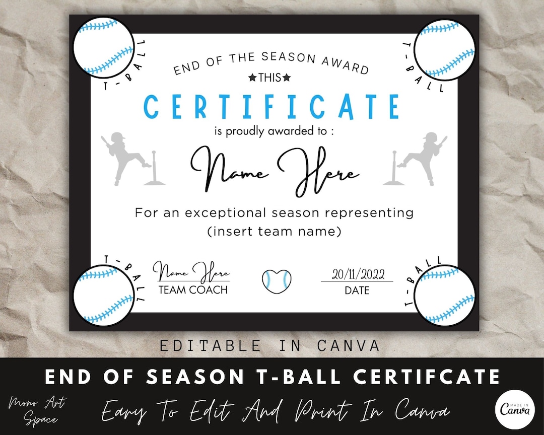 End of Season Tball Award Certificate, Canva Template, Editable Tball Team Certificate