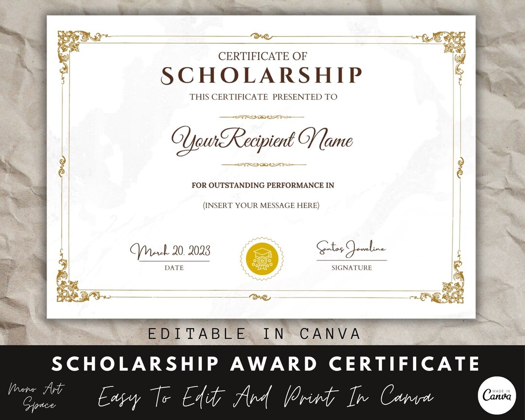 Editable School Award Certificate, Canva Template, Scholarship Award Template, Completion Award