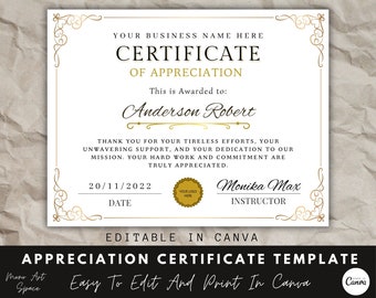 Certificate Of Appreciation, Canva Template, Appreciation Award, Canva Certificate, Printable Template, Instant Digital Download