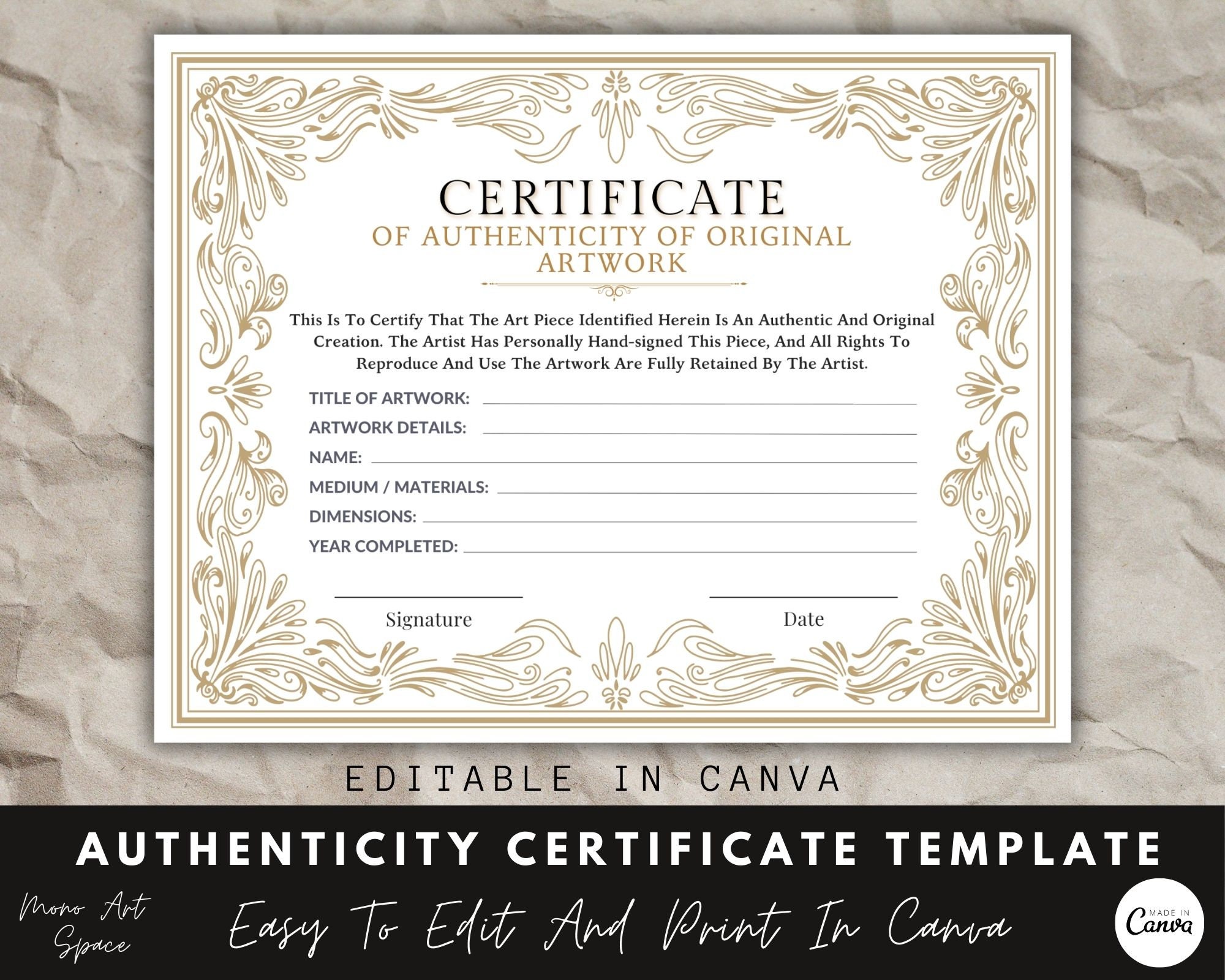 certificate of authenticity for artwork, canva template, editable