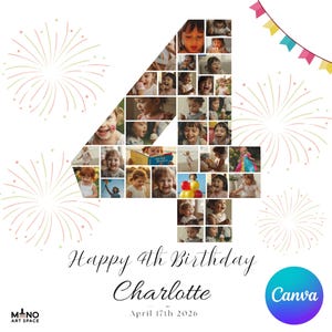 Birthday Number 4 Photo Collage, 4th Birthday Milestone Sign, Editable Canva Template, Personalized Fourth Birthday Poster, Party Welcome.