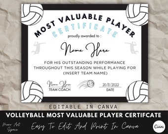 Most Valuable Player Award Certificate, Canva Template, Editable Volleyball Team Certificate Template, Volleyball Award, End Of Season Award