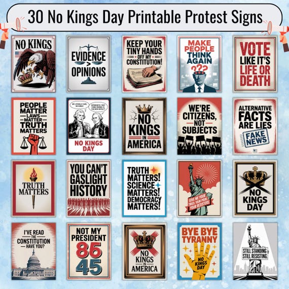 No Kings In America Protest Sign Bundle – 30 Printable Posters (Digital Download)
