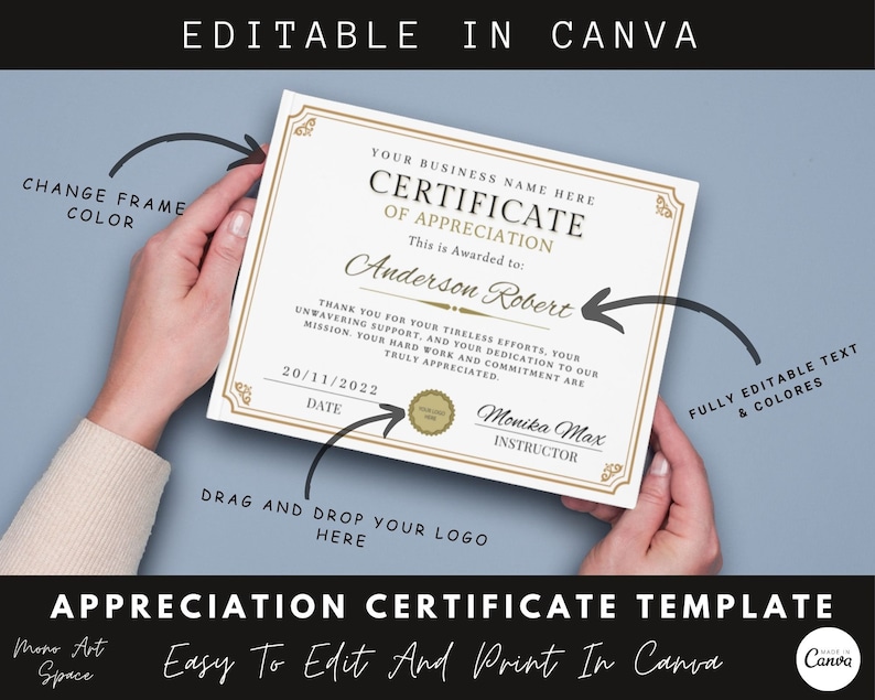 Editable Appreciation Certificate Template, Canva (digital Download) - Etsy