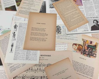 Paper pack 50 genuine vintage French pages from 5 old books Vintage text pages Ephemera pack of mixed vintage papers