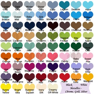 May include: A colour chart showcasing a spectrum of shades, each presented in a heart shape. The chart includes various tones of grey, blue, green, orange, pink, purple, and yellow, with names such as "Navy," "Coral," and "Grape."