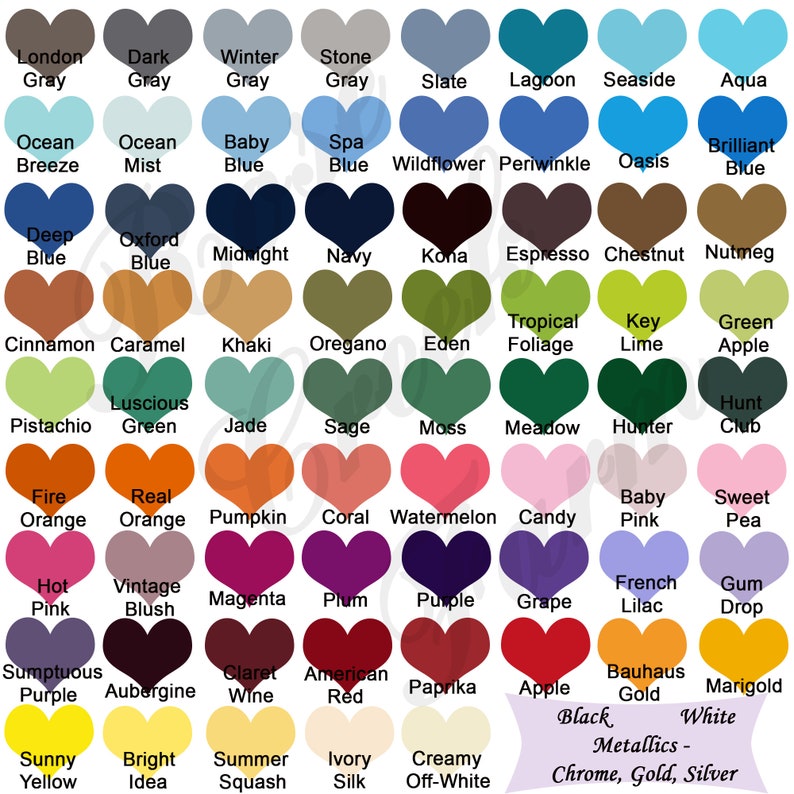 May include: A colour chart showcasing a spectrum of shades, each presented in a heart shape. The chart includes various tones of grey, blue, green, orange, pink, purple, and yellow, with names such as "Navy," "Coral," and "Grape."