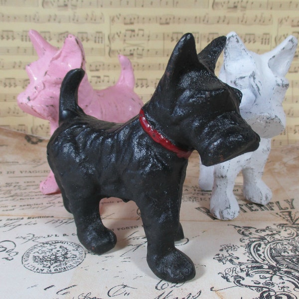 Scottie Dog Cast Iron Paperweight Doorstop Black  w/ Red collar and her friends Snowy  and Pinks