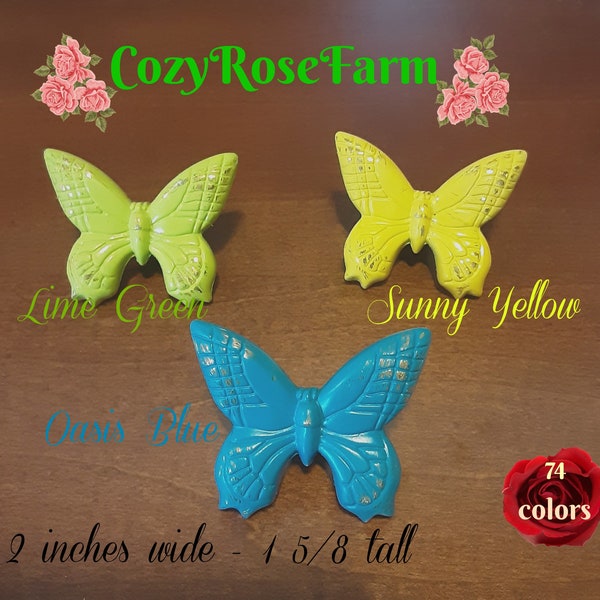 Beautiful Butterfly knobs in Gold , Apple Red , and Oasis Blue to accent your special armoire , cabinets or desk!