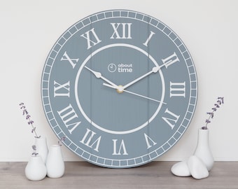 Wooden Wall Clock, Farmhouse Clock, Roman Numeral Clock, Modern Wall Clock, Rustic Grey Blue Clock, Contemporary Clock, Kitchen Clock