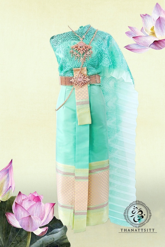 Thai Traditional Wedding Dress Set With Beautiful Lace Sash Etsy