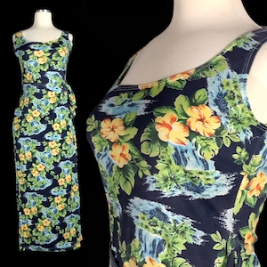 Vintage Sarong Style Hawaiian Dress, Tag Size Ladies Med, Dark Blue with Tropical  Graphics