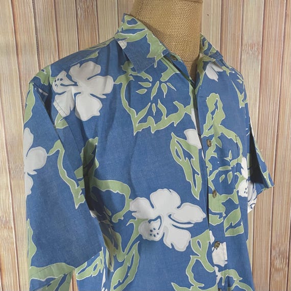 Hawaiian Shirt, Size Large, Reverse Print Fabric, Blue with Green and White Tropical Graphics, Made by Cooke Street Honolulu View 6