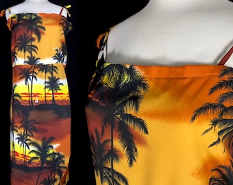 Vintage vestido hawaiano, tamaño mediano, increíbles gráficos tropicales de la puesta de sol de los novios se hacen en Hawái