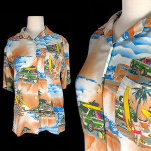 Vintage Ladies Hawaiian Shirt from Brittania, Size Medium, Beach Scenes and Tropical Designs