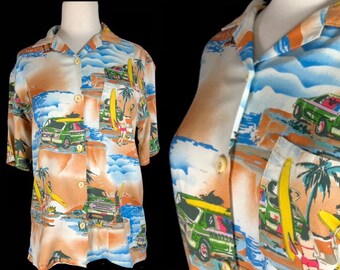 Vintage Ladies Hawaiian Shirt from Brittania, Size Medium, Beach Scenes and Tropical Designs