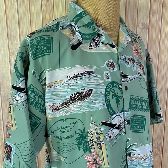 Hawaiian Shirt, Size Large, Green with Retro Hawaiian Graphics, Made by KAD Clothing Company