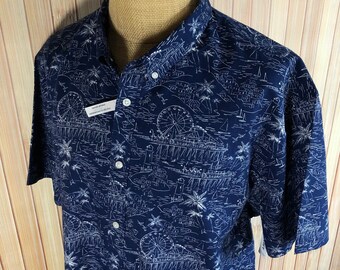 Blue Hawaiian Shirt with Beach Scenes and Piers, Size 3XL, Made by Old Navy with Original Tags