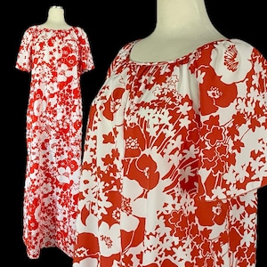 Vintage 1960s Hawaiian Dress, Ladies Size XL, Red and White Tropical Designs