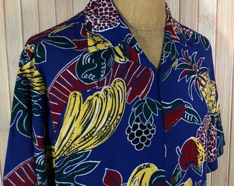 Hawaiian Shirt, Size Large, Blue with Tropical Fruit, Made in Hawaiia by Joe Kealoha’s - The Genuine Hawaiian Shirt