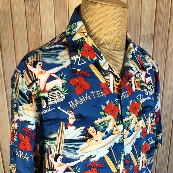 Hawaiian Shirt Size Xlarge Blue With Pinup Girls Made by 