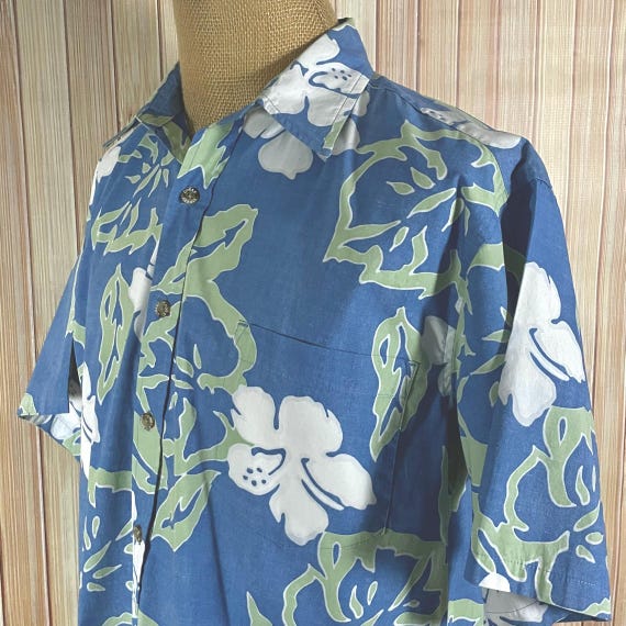 Hawaiian Shirt, Size Large, Reverse Print Fabric, Blue with Green and White Tropical Graphics, Made by Cooke Street Honolulu