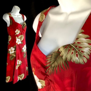 Hawaiian Dress, Size Small, Red with Tropical Designs, Made in Hawaii by Pacific Legend Apparel