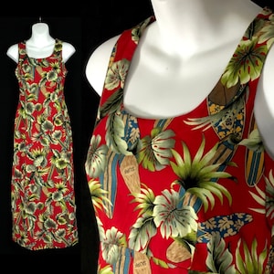 Vintage Hawaiian Dress, Size 2, Red with Surfboards and Tropical Designs
