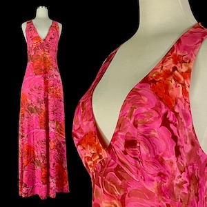 Vintage Maxi Dress, European Size 34 (US Small), Pink with Floral Designs, Made in the US by Vanity Fair