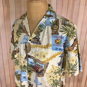 Hawaiian Shirt from Bishop St. Made in Hawaii, Size Large, Beige with Tikis, Hula Girls, Ukuleles and Woodys