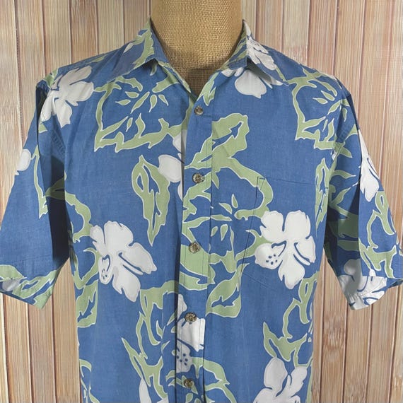 Hawaiian Shirt, Size Large, Reverse Print Fabric, Blue with Green and White Tropical Graphics, Made by Cooke Street Honolulu View 4