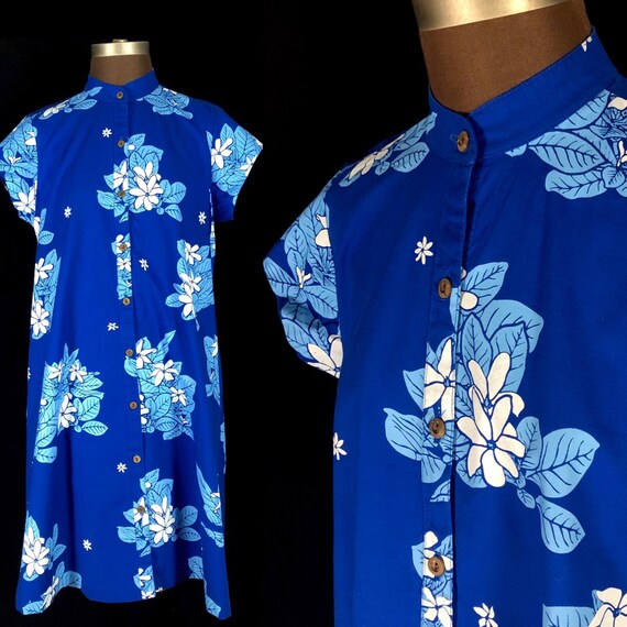 Vintage Blue Hawaiian Dress / Tea Timer, Size Medi