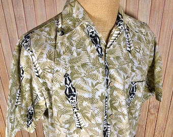 Hawaiian Shirt Made by Pacific Scene, Size Large, Green & Beige Tropical Designs and Tikis