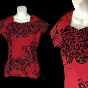 Ladies Hawaiian Shirt, Size Medium, Red with Black Tribal Designs