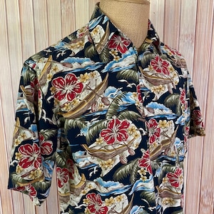 Hawaiian Shirt, Black with Vibrant Tropical Graphics, Size is Men’s Medium, Made by Pierre Cardin