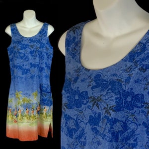 Hawaiian Mini Dress, Size Medium, Blue with Hula Girls on a Tropical Beach