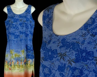 Hawaiian Mini Dress, Size Medium, Blue with Hula Girls on a Tropical Beach