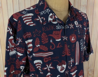 Christmas Hawaiian Shirt, Size XLarge, Dark Blue with Holiday Designs, Made by Quiksilver