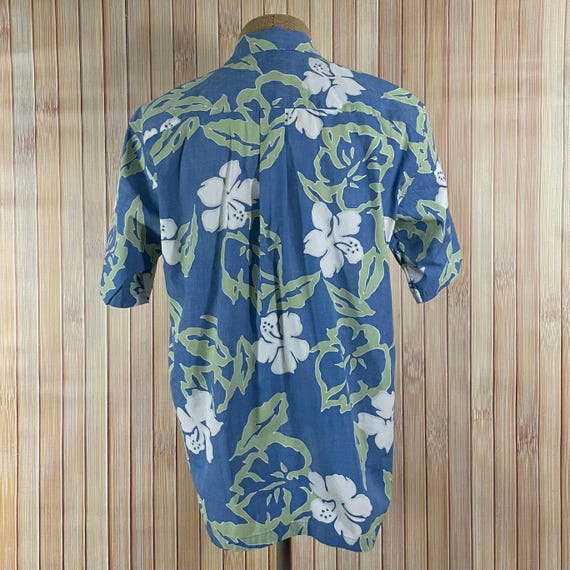 Hawaiian Shirt, Size Large, Reverse Print Fabric, Blue with Green and White Tropical Graphics, Made by Cooke Street Honolulu View 5