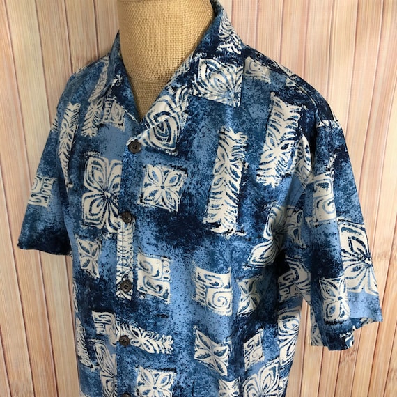 Blue Hawaiian Shirt, Modern Tapa Style, Size Larg… - image 1