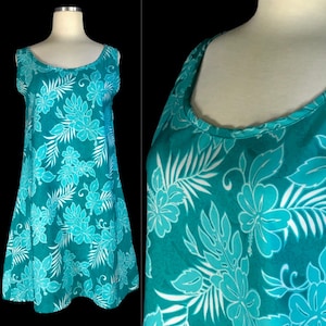 Vintage Hawaiian Mini Dress, Size Medium, Teal with Tropical Designs from Roundy Bay