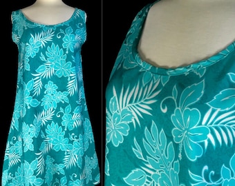 Minivestido hawaiano vintage, mediano tamaño, azulado con diseños tropicales de Roundy Bay