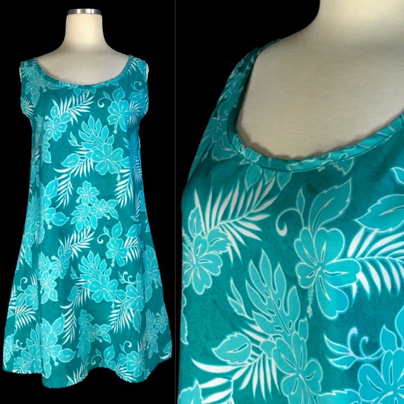 Vintage Hawaiian Mini Dress, Size Medium, Teal wi… - image 1