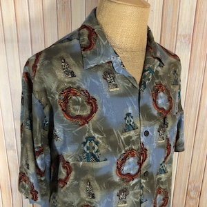 Vintage Hawaiian Shirt, Size Large, Gray with Dragons and Buddhas, Made by Pineapple Connection