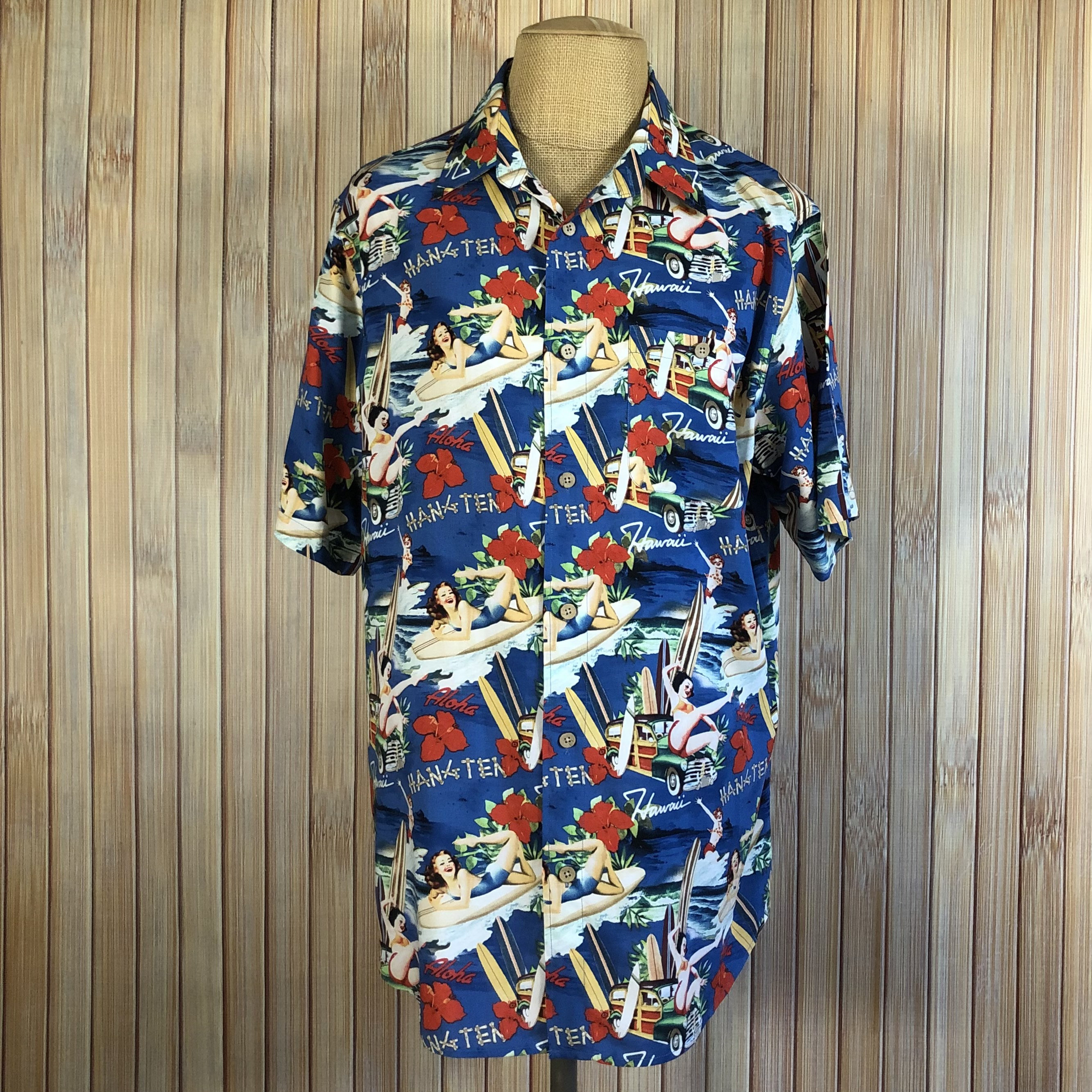 Hawaiian Shirt, Size Xlarge, Blue With Pinup Girls, Made by Hawaiian Shirt, Size Xlarge, Blue With Pinup Girls, Made by