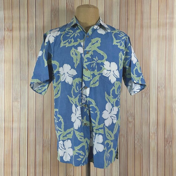 Hawaiian Shirt, Size Large, Reverse Print Fabric, Blue with Green and White Tropical Graphics, Made by Cooke Street Honolulu View 2