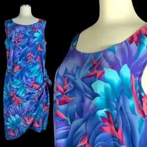 Sarong Style Hawaiian Dress, Size Large, Blue, Purple, Pink Tropical Graphics